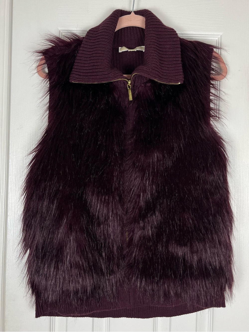 Michael Kors Faux Fur Knit Sweater Back Zip Up Vest Sz L